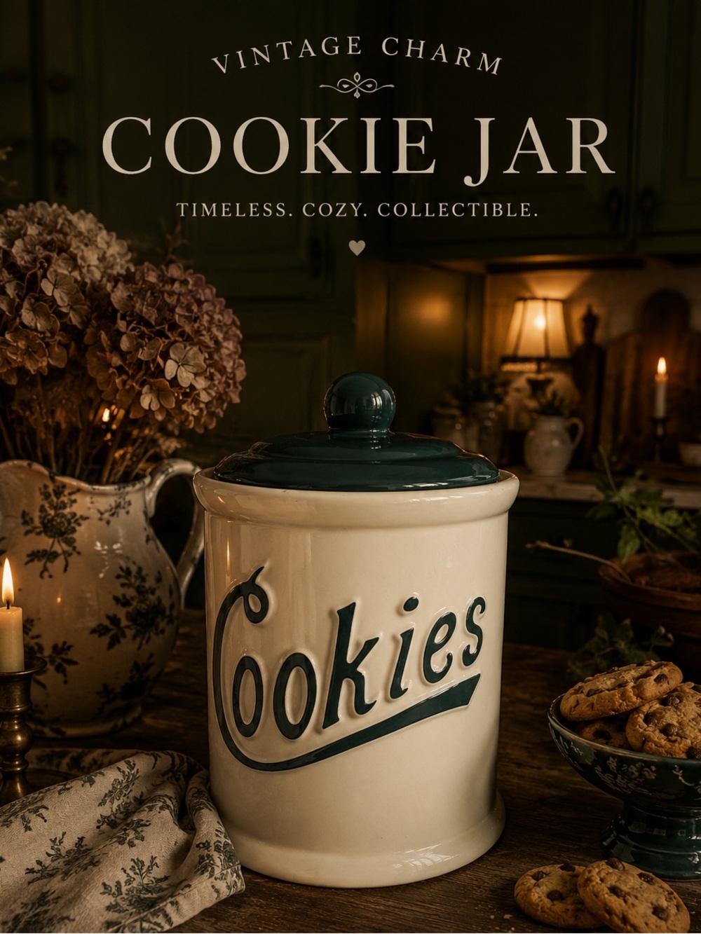 Cookies Ceramic Cookie Jar with Dark Green Lid - Classic Home Kitchen Canister
